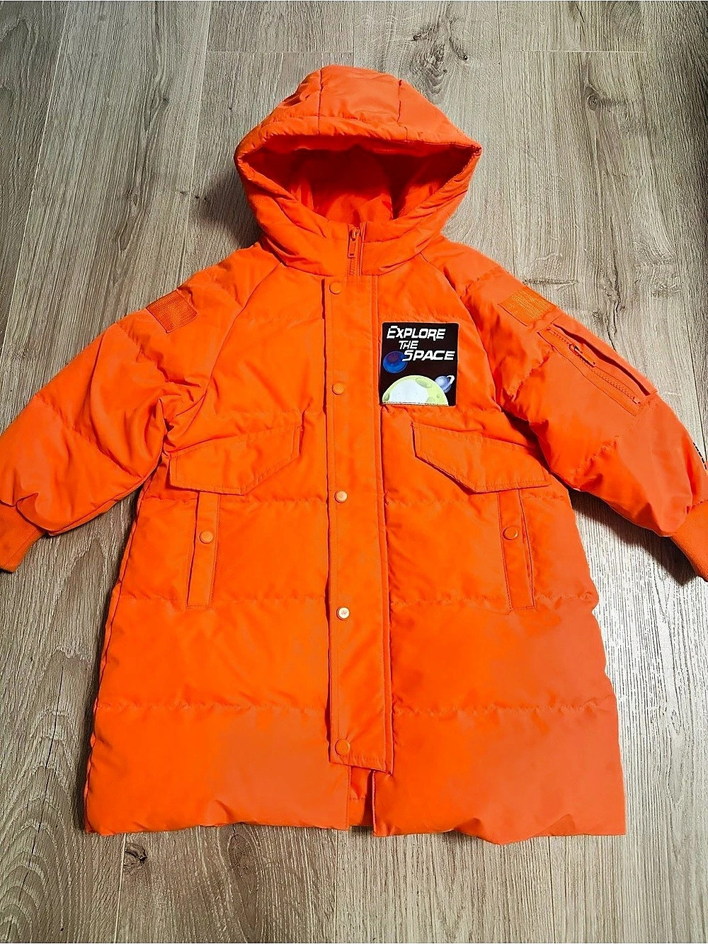 Like new condition Explore Space Kids Orange Hooded Puffer Jacket real dawn fill